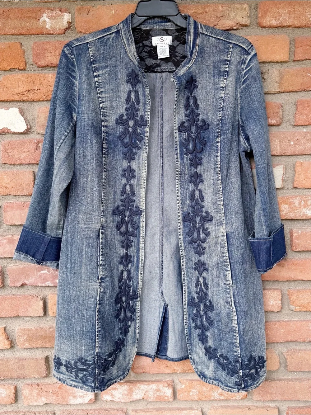 Long Embroidered Boho Denim Jacket Hip-Length Hook-and-Eye Closure Size XL - Picture 5 of 11